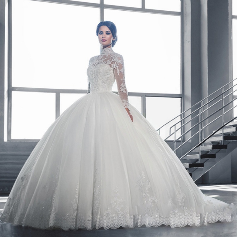 Womens Muslim High Neck Wedding Dresses Appliqued Long Sleeves Bridal Gowns